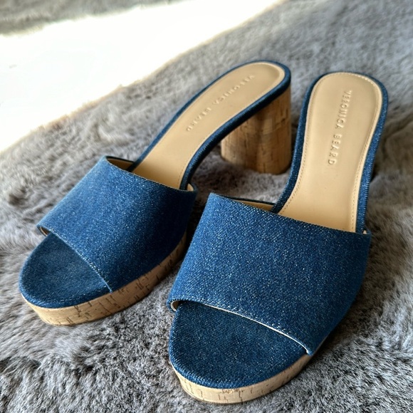 Veronica Beard Women Dali Denim Cork Platform Mules Sandals Heels Shoes 9.5